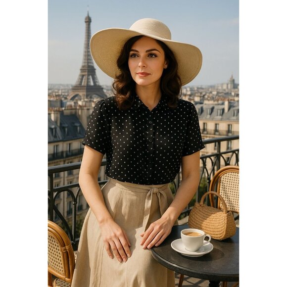 The Limited Silk XL Black White Polka Dot Sheer Blouse Short Sleeve Sheercore - Picture 5 of 11